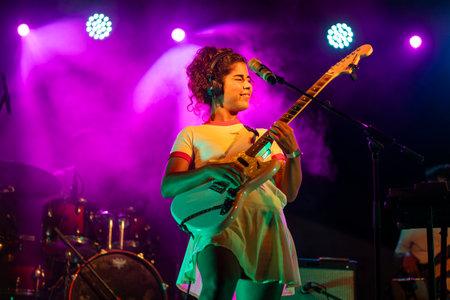FARO, PORTUGAL: 8th SEPTEMBER, 2023 - Music band, Da Chick, performs at Festival F, a big festival in the city of Faro, Portugal.のeditorial素材