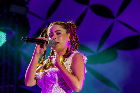 FARO, PORTUGAL: 9th SEPTEMBER, 2023 - Music band, Barbara Tinoco, performs at Festival F, a big festival in the city of Faro, Portugal.のeditorial素材