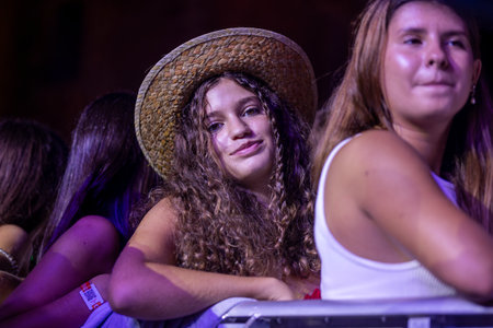FARO, PORTUGAL: 9th SEPTEMBER, 2023 - Audience watch music artist on Festival F, a big festival in the city of Faro, Portugal.のeditorial素材