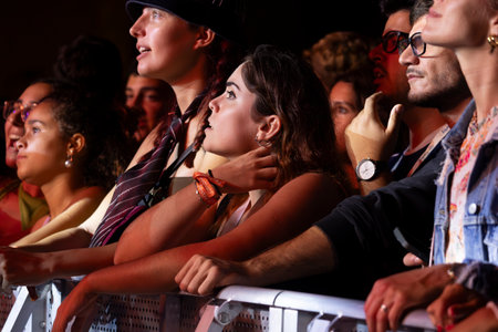 FARO, PORTUGAL: 9th SEPTEMBER, 2023 - Audience watch music artist on Festival F, a big festival in the city of Faro, Portugal.のeditorial素材