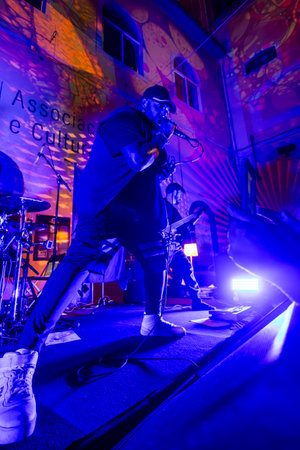 FARO, PORTUGAL: 9th SEPTEMBER, 2023 - Music band, Pull the Trigger, performs at Festival F, a big festival in the city of Faro, Portugal.のeditorial素材