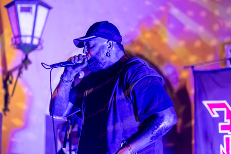 FARO, PORTUGAL: 9th SEPTEMBER, 2023 - Music band, Pull the Trigger, performs at Festival F, a big festival in the city of Faro, Portugal.のeditorial素材