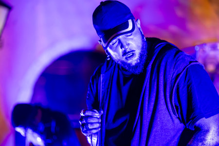 FARO, PORTUGAL: 9th SEPTEMBER, 2023 - Music band, Pull the Trigger, performs at Festival F, a big festival in the city of Faro, Portugal.のeditorial素材