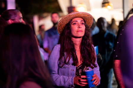 FARO, PORTUGAL: 9th SEPTEMBER, 2023 - Audience watch music artist on Festival F, a big festival in the city of Faro, Portugal.のeditorial素材