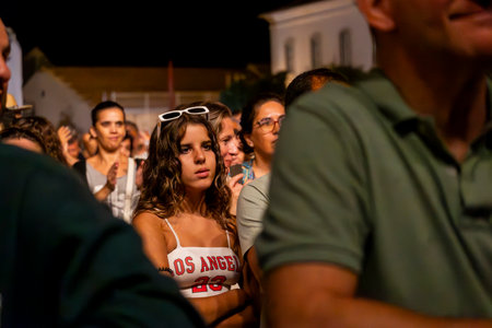FARO, PORTUGAL: 9th SEPTEMBER, 2023 - Audience watch music artist on Festival F, a big festival in the city of Faro, Portugal.のeditorial素材