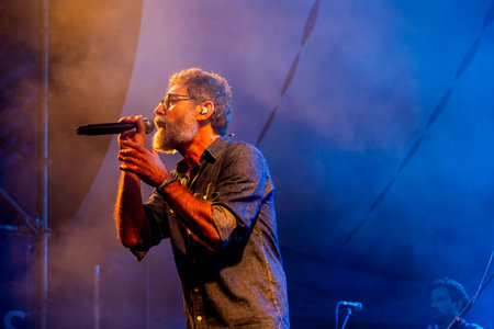 FARO, PORTUGAL: 9th SEPTEMBER, 2023 - Music band, Quinta do Bill, performs at Festival F, a big festival in the city of Faro, Portugal.のeditorial素材