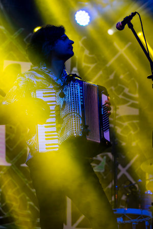FARO, PORTUGAL: 9th SEPTEMBER, 2023 - Music band, Quinta do Bill, performs at Festival F, a big festival in the city of Faro, Portugal.のeditorial素材
