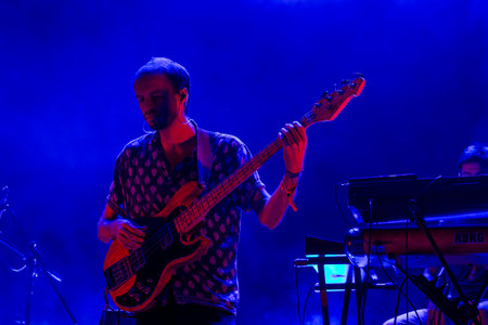 FARO, PORTUGAL: 9th SEPTEMBER, 2023 - Music band, Ganso, performs at Festival F, a big festival in the city of Faro, Portugal.のeditorial素材