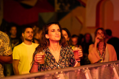 FARO, PORTUGAL: 9th SEPTEMBER, 2023 - Audience watch music artist on Festival F, a big festival in the city of Faro, Portugal.のeditorial素材