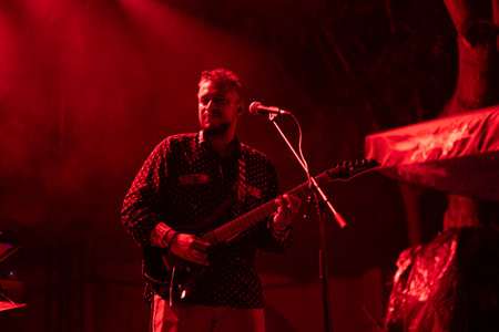 FARO, PORTUGAL: 9th SEPTEMBER, 2023 - Music band, Fogo Fogo, performs at Festival F, a big festival in the city of Faro, Portugal.のeditorial素材