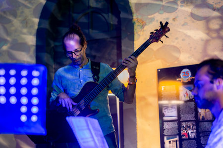 FARO, PORTUGAL: 9th SEPTEMBER, 2023 - Music band, Leon Baldesberger's Meersalz, performs at Festival F, a big festival in the city of Faro, Portugal.のeditorial素材