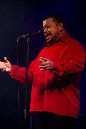 FARO, PORTUGAL: 9th SEPTEMBER, 2023 - Music Fado singer, Ricardo Ribeiro, performs at Festival F, a big festival in the city of Faro, Portugal.のeditorial素材