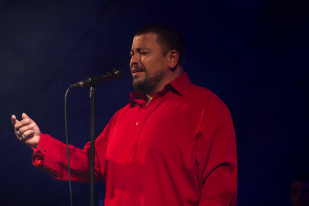 FARO, PORTUGAL: 9th SEPTEMBER, 2023 - Music Fado singer, Ricardo Ribeiro, performs at Festival F, a big festival in the city of Faro, Portugal.のeditorial素材