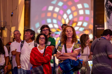FARO, PORTUGAL: 9th SEPTEMBER, 2023 - Audience watch music artist on Festival F, a big festival in the city of Faro, Portugal.のeditorial素材