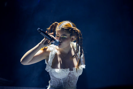 FARO, PORTUGAL: 9th SEPTEMBER, 2023 - Music band, Barbara Tinoco, performs at Festival F, a big...