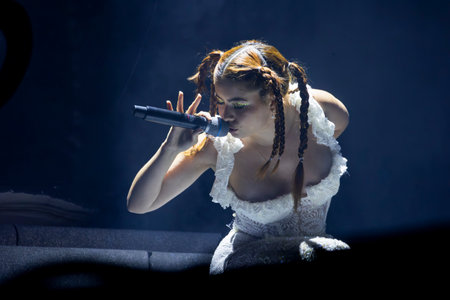 FARO, PORTUGAL: 9th SEPTEMBER, 2023 - Music band, Barbara Tinoco, performs at Festival F, a big festival in the city of Faro, Portugal.のeditorial素材