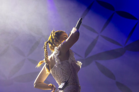 FARO, PORTUGAL: 9th SEPTEMBER, 2023 - Music band, Barbara Tinoco, performs at Festival F, a big...