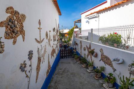 Close up view of a collection of artwork encrusted with seashells on a house.の写真素材