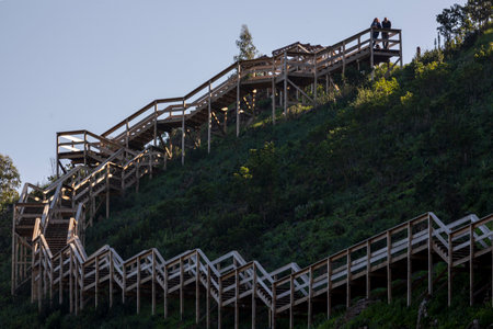 Wooden path in the mountain used by many hiking tourists, located in Alferce, Monchique, Portugal.の写真素材
