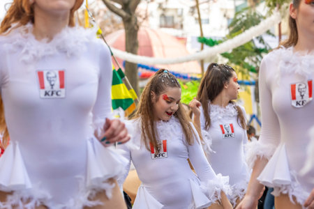 LOULE, PORTUGAL - 17th FEB 2024: Colorful Carnival (Carnival) Parade festival participants in Loule city, Portugal.のeditorial素材
