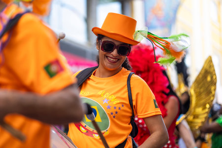 LOULE, PORTUGAL - 17th FEB 2024: Colorful Carnival (Carnaval) Parade festival participants on Loule city, Portugal.のeditorial素材