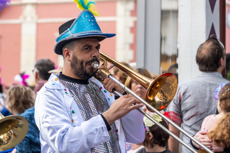 LOULE, PORTUGAL - 17th FEB 2024: Colorful Carnival (Carnaval) Parade festival participants on Loule city, Portugal.のeditorial素材