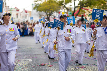 LOULE, PORTUGAL - 17th FEB 2024: Colorful Carnival (Carnival) Parade festival participants in Loule city, Portugal.の写真素材