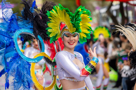 LOULE, PORTUGAL - 17th FEB 2024: Colorful Carnival Parade festival participants in Loule city,...