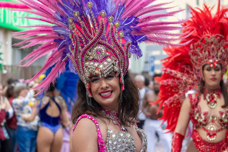 LOULE, PORTUGAL - 17th FEB 2024: Colorful Carnival (Carnival) Parade festival participants in Loule city, Portugal.のeditorial素材