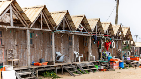 Close view of several wooden Storage units for fisherman in Armacao de Pera, Portugal.の写真素材