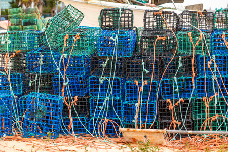 Close up view of many crab and lobster traps equipment on a beach of the Algarve region.の写真素材