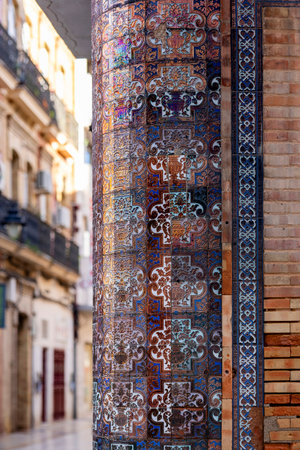 Close up view of the azulejo details of the beautiful architecture of Spanish houses.の写真素材