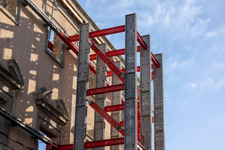 View of a robust Steel structure for holding precarious building.