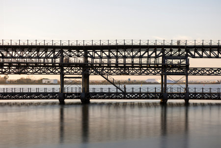 Muelle del Rio Tinto iron structure renovated boardwalk docks located in Huelva, Spain.の写真素材
