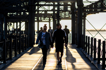 HUELVA, SPAIN - 28th JANUARY 2024: Muelle del Rio Tinto iron structure renovated boardwalk docks located in Huelva, Spain.のeditorial素材