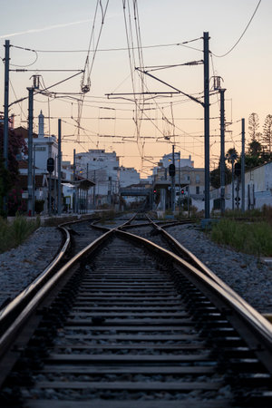 View of the passage of a railroad at Olhao city in the Algarve region, Portugal.の写真素材