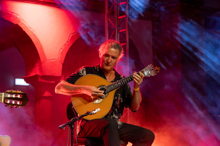 FARO, PORTUGAL: 5th SEPTEMBER, 2024 - Music artist, Amar Guitarra, performs on Festival F, a big festival on the city of Faro, Portugal.のeditorial素材