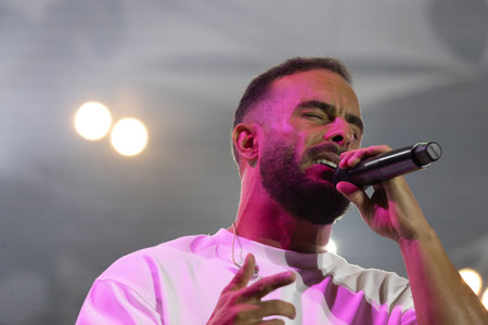 FARO, PORTUGAL: 5th SEPTEMBER, 2024 - Music artist, Nininho Vaz Maia, performs on Festival F, a big festival on the city of Faro, Portugal.のeditorial素材