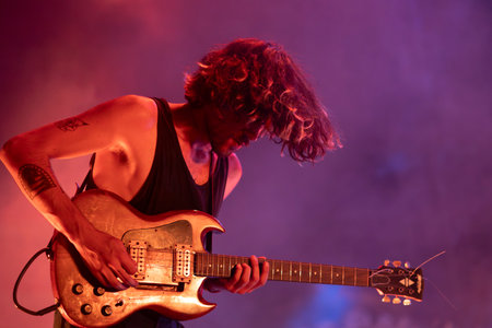 FARO, PORTUGAL: 5th SEPTEMBER, 2024 - Music artist, Maquina artist performs on Festival F, a big festival on the city of Faro, Portugal.のeditorial素材