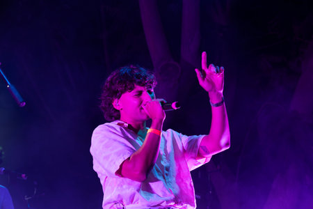 FARO, PORTUGAL: 5th SEPTEMBER, 2024 - Music artist, Filipe Karlsson performs on Festival F, a big festival on the city of Faro, Portugal.のeditorial素材