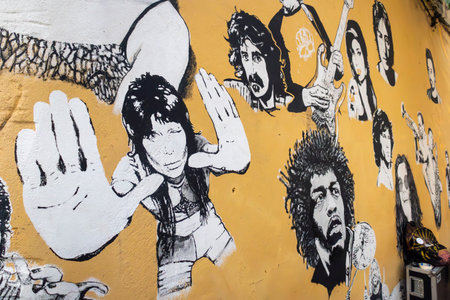 FARO, PORTUGAL: 5th SEPTEMBER, 2024 - Wall with artists in the Cultural and Recreational Association of Musicians, that helps promote local and small upcoming bandsのeditorial素材