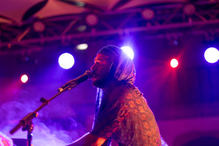 FARO, PORTUGAL: 6th SEPTEMBER, 2024 - Music artist, Bandua, performs on Festival F, a big festival on the city of Faro, Portugal.のeditorial素材