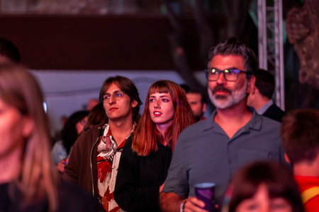 FARO, PORTUGAL: 5th SEPTEMBER, 2024 - Audience watch music artist in the Music Festival F, a big festival in the city of Faro, Portugalのeditorial素材