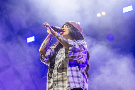 FARO, PORTUGAL: 6th SEPTEMBER, 2024 - Music artist, Carolina Deslandes, performs on Festival F, a big festival on the city of Faro, Portugal.のeditorial素材