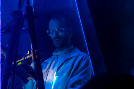 FARO, PORTUGAL: 6th SEPTEMBER, 2024 - Music artist, Moullinex and GPU Panic , performs on Festival F, a big festival on the city of Faro, Portugal.のeditorial素材