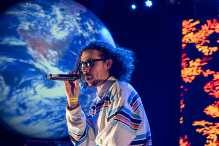 FARO, PORTUGAL: 6th SEPTEMBER, 2024 - Music artist, Manga Limao, performs on Festival F, a big festival on the city of Faro, Portugal.のeditorial素材
