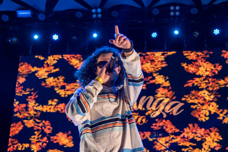 FARO, PORTUGAL: 6th SEPTEMBER, 2024 - Music artist, Manga Limao, performs on Festival F, a big festival on the city of Faro, Portugal.のeditorial素材