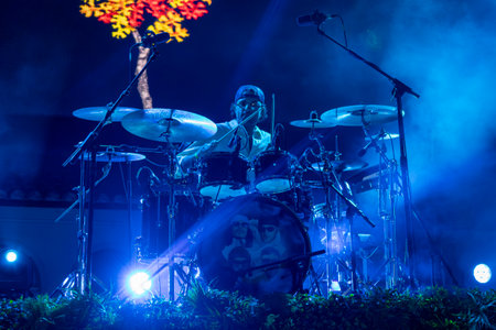 FARO, PORTUGAL: 6th SEPTEMBER, 2024 - Music artist, Manga Limao, performs on Festival F, a big festival on the city of Faro, Portugal.のeditorial素材