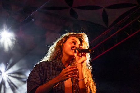 FARO, PORTUGAL: 6th SEPTEMBER, 2024 - Music artist, Milhanas, performs on Festival F, a big festival on the city of Faro, Portugal.のeditorial素材