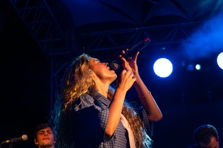 FARO, PORTUGAL: 6th SEPTEMBER, 2024 - Music artist, Milhanas, performs on Festival F, a big festival on the city of Faro, Portugal.のeditorial素材